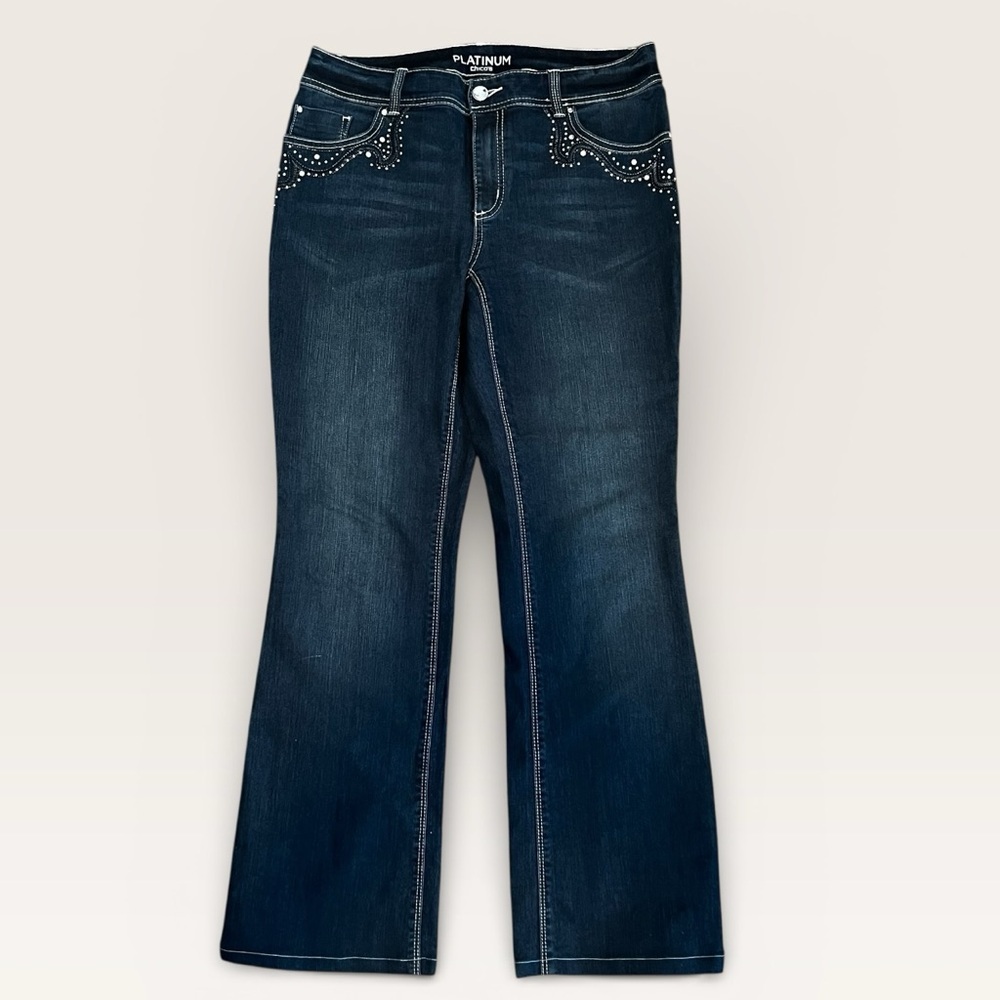 Embellished Chico's Platinum Dark Blue Flare Jeans with Stud & Sequins C228 - Picture 3 of 8